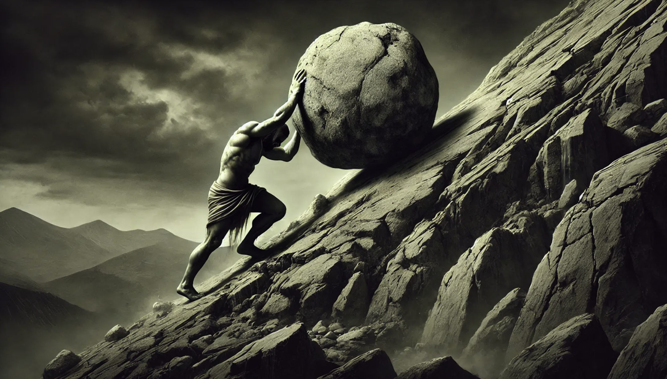 A person struggling to climb a steep, sandy hill, representing the Sisyphus Boulder.